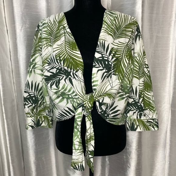 Midnight Sky Women’s Large Linen Blend Tropical Green White Tie Front Top - Picture 1 of 8